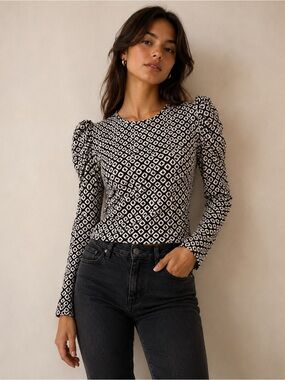𝅺grace Karin Geometric Print Puffs Sleeve Top Size S